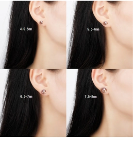 Detailed comparison of freshwater pearl earrings in sizes from 4.5mm to 8mm on ear