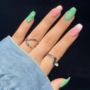 Green Pink Marble Pattern Press On Nails Short Coffin False Nails Gold Foil Embellishment For Women Daily Manicure Jewelry