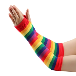Close-up of rainbow striped knit arm sleeves with fingerless design and elastic texture