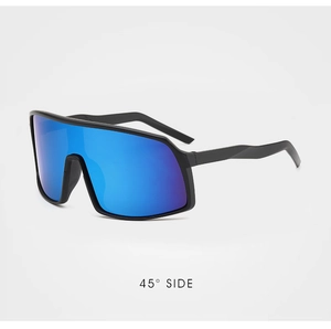 Detail view of 45-degree angle of cycling sunglasses with blue mirrored lens and black frame
