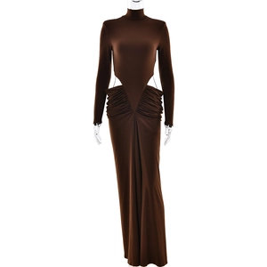 Brown long sleeve high neck ruched midi dress with sexy side waist cut-out detail