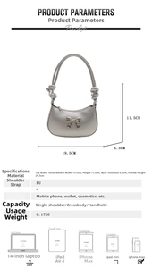 Silver bow handbag specs showing 19.5cm width and capacity comparison with smartphone