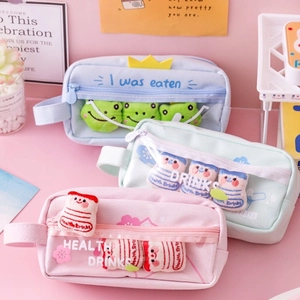 Cute Kawaii Pencil Case Large Capacity Canvas Transparent PVC Stationery Pouch With Plush Frog Decor For School Girls