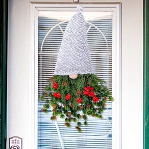 Christmas Gnome Door Swag Decoration With Artificial Greenery Red Berries Pine Cones Grey Patterned Fabric Hat Holiday Home Decor