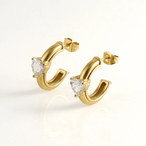 Elegant Heart Zircon C Shaped Earrings Gold Plated Stainless Steel Niche Design Non Fading Fashion For Women