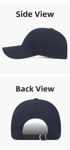 Detail view showing the side and back of a navy blue cotton baseball cap with metal buckle