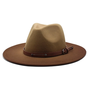 Classic two-tone wide brim fedora hat in brown and tan felt with leather buckle band