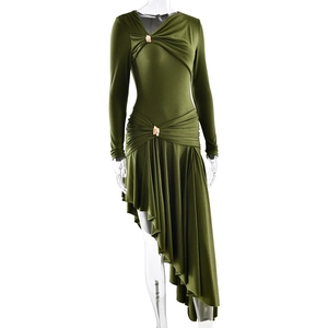 Detail of military green ruched dress featuring long sleeves and golden decorative buttons