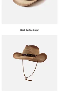 Vintage western cowboy straw hat in deep coffee color featuring chin strap and decorative rivets