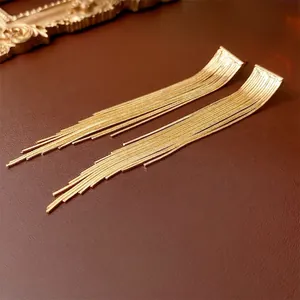Long Chain Tassel Dangle Earrings Real Gold Plated Copper With Silver Earring Post Elegant Luxury Jewelry For Women
