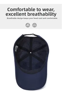 Detailed interior view of navy baseball cap featuring breathable mesh structure and adjustment buckle