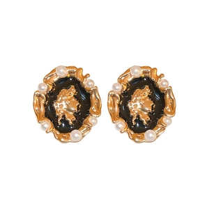French vintage style portrait earrings with black enamel, pearls and gold finish