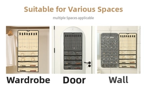 Hanging jewelry organizer shown in closet, door, and wall scenarios for versatile storage