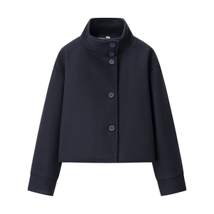 Classic navy blue wool coat featuring a stand collar and single-breasted design