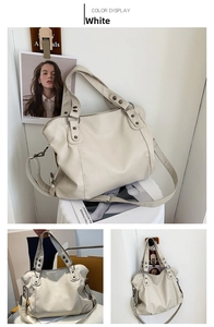 Detailed views of a minimalist off-white tote bag with metal rivets and adjustable strap