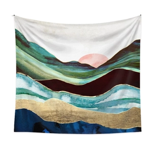 Detailed view of abstract landscape tapestry with mountain range and sunset textures