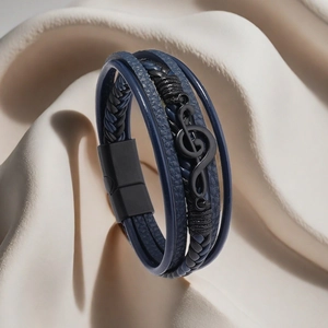 Men's navy blue leather bracelet with black musical note charm and magnetic clasp