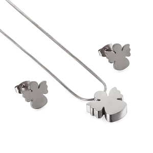 Polished stainless steel jewelry set featuring angel wing pendant necklace and stud earrings