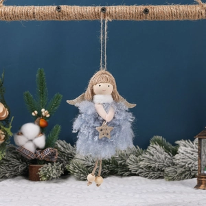 Blue plush angel Christmas tree ornament with gold wings and star for holiday decor