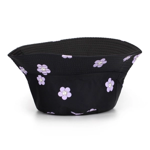 Schwarzer Anglerhut für Outdoor mit violettem Blumendruck und Smiley-Gesicht-Muster