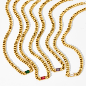 Vintage stainless steel Cuban link necklaces with colorful square zircon pendants in gold