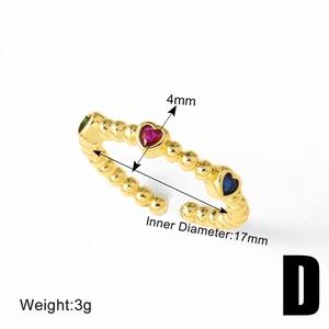 Detail view of gold beaded open ring with colorful heart zircons and 17mm inner diameter