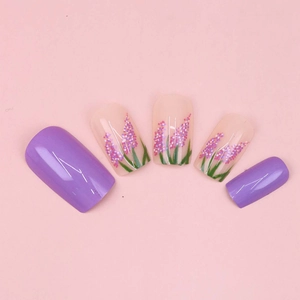 Hand-painted purple flower nail press-ons with minimalist line art on nude base