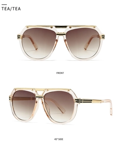 Detailed front and 45-degree side views of champagne pilot sunglasses with tea lenses