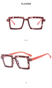 Detail view showing tortoise shell frames and coral orange temples of square TR90 glasses