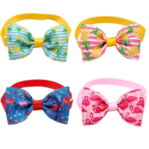 Set of four colorful fruit and flamingo patterned pet bow ties for small dogs and cats