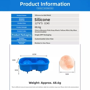 Detailed technical diagram of blue silicone ice ball mold with exact product dimensions