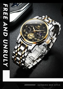 Close-up of luxury OLEVS business watch featuring a black skeleton dial and two-tone strap