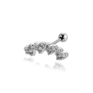 Detailed close-up of silver steel stud earring with four heart-shaped zircon stones