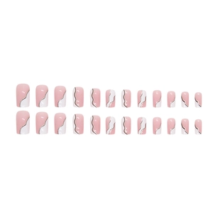 Short square press-on nails set with pink, white, and silver fluid texture and black waves