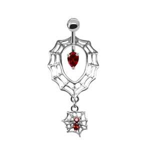 Detail of silver spider web navel ring with red teardrop zircon and hanging spider pendant