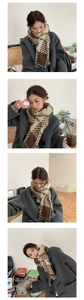 Collage showing various ways to wear a soft brown and beige plaid tasseled scarf