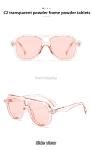 Front and side views of vintage pilot sunglasses with transparent pink frames and lenses