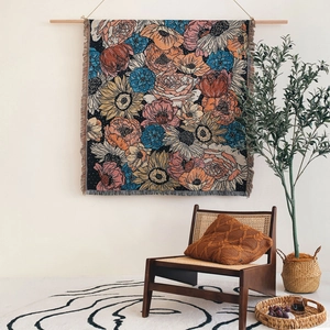 Bohemian floral woven sofa throw blanket with colorful sunflower patterns and fringe