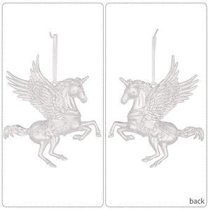 Detailed front and back views of a transparent acrylic unicorn Christmas tree ornament