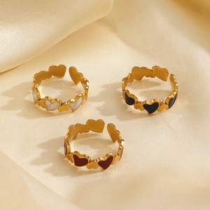 Vintage 18K gold plated stainless steel heart rings in white, black and red colors