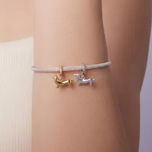 S925 sterling silver dachshund puppy charms on mesh bracelet with cubic zirconia accents