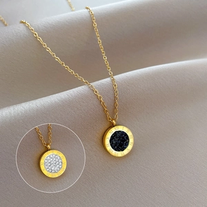 Titanium steel Roman numeral necklace with round pendant and black sparkling crystals