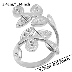 Detailed view of leaf design ring dimensions showing 3.4cm height and 1.7cm width