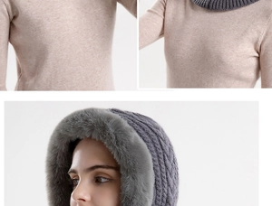 Detailed view of the winter knit hood and faux fur trim showing dual styling options