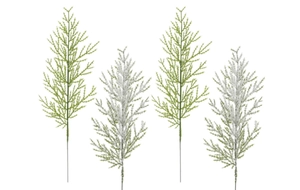 Detailed view of four artificial green and frosted white pine branches for DIY decor