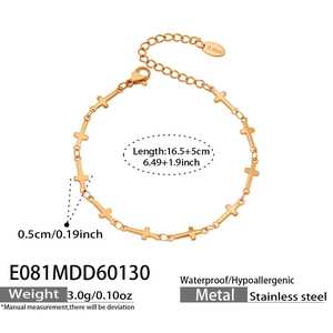 Waterproof golden stainless steel bracelet with cross charms and adjustable lobster clasp