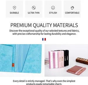Detail of RFID blocking PU leather passport holder with multiple card slots and fine stitching