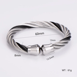 Detailed measurement of C-shaped twisted wire cable cuff bracelet in silver and black finish