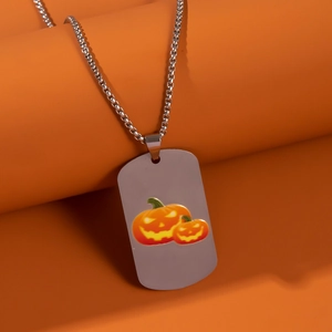 Silver stainless steel military tag necklace featuring festive orange Jack-o'-lantern prints