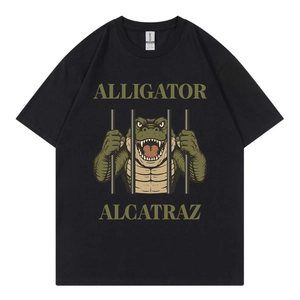 Women's black crewneck T-shirt with Alligator Alcatraz graphic print in a flat lay view